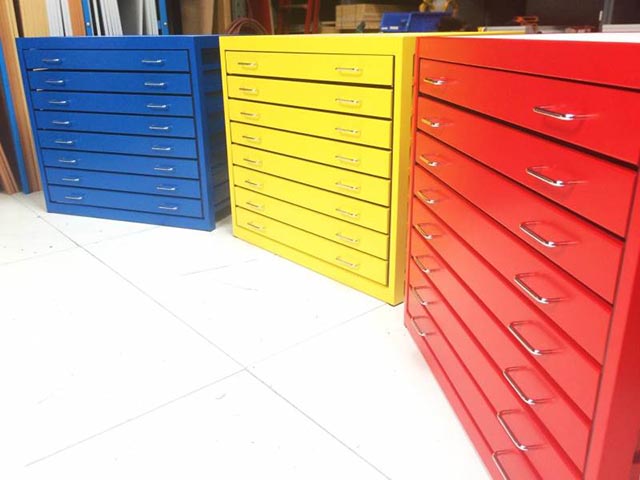 Colourful metal plan chests for schools