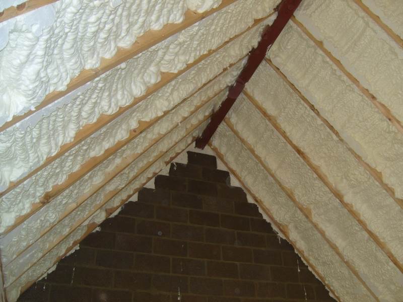 Icynene Spray Foam applied to a vaulted roof. 