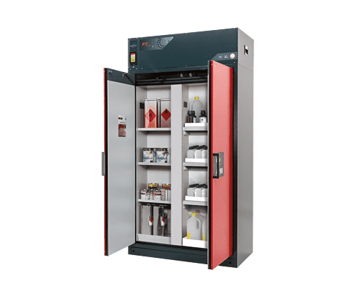 Recirculating air filter storage cabinets