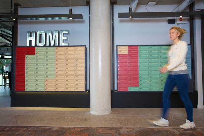 Colourful mailboxes in student accommodation