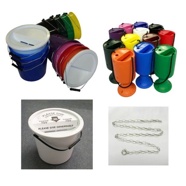 Charity fundraising supplies. Buckets & boxes.